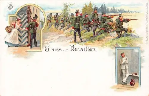 L002 Deutschland 1900 Gruss vom Bataillon Soldaten Leben Militär Litho Postkarte