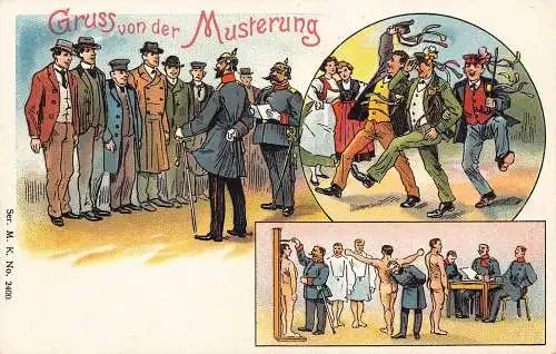 L002 Deutschland 1900 Gruss von der Musterung Humor Militär Soldat Litho Postkarte