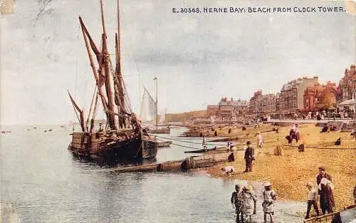 A884 England 1926 Herne Bay Beach vom Uhrturm Segelboot Vintage Postkarte