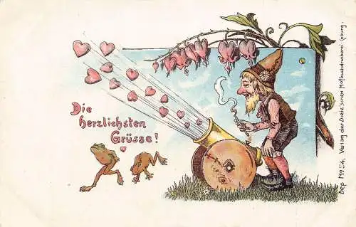 L175 Grüße Zwerg Kanonen Herzen Frösche Litho Vintage Postkarte