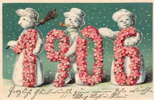 L175 Neujahrsgrüße 1905 Schneemänner rauchen Pfeife große Figuren geprägte Postkarte