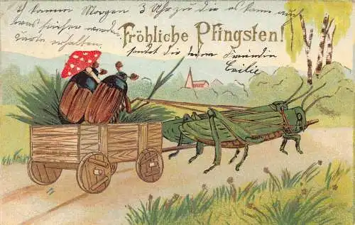 L175 Pfingstgrüße 1905 Beatles gezogener Wagen Heuschrecken surreale Postkarte