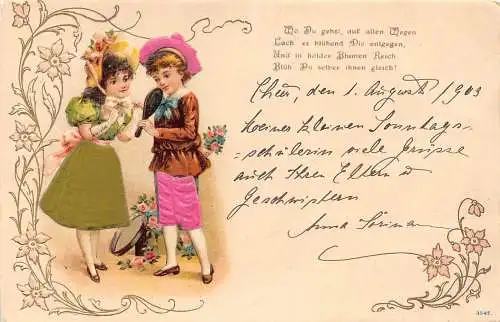 L175 Grüße 1903 Kinder Blumen Seidenkleidung Litho geprägt Postkarte