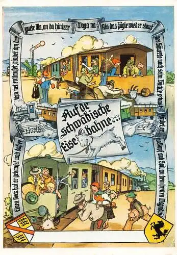 Deutschland Comic Werbung Schwäbische Eisebahne Zug Ziegenlied Postkarte