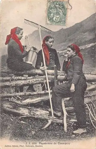 A881 Frankreich 1907 Paysannes de Champery Bauerninnen ruhende Rechen Postkarte
