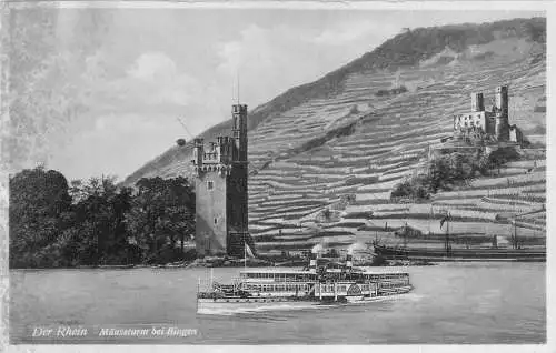 L317 Deutschland Der Rhein Maeuseturm bei Bingen Dampfschiff Vintage Postkarte