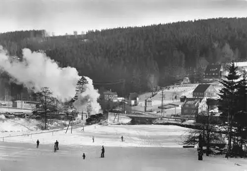 Deutschland Schmalspurbahn Wolkenstein-Jöehstadt Dampfbahn Skipiste RPPC Postkarte