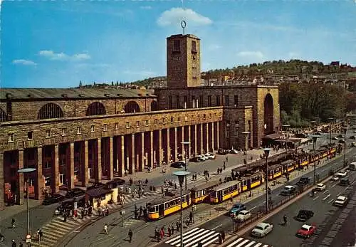 Deutschland 1963 Stuttgart Hauptbahnhof Bahnhof Straßenbahn Wagen Vintage Postkarte