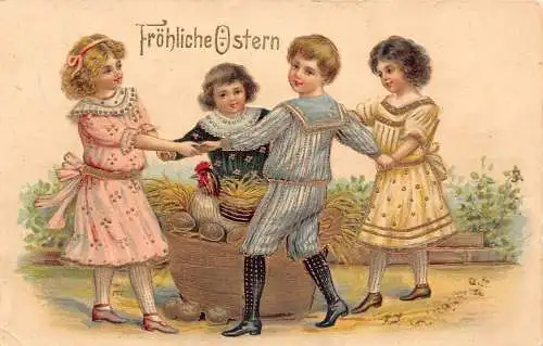 L175 Ostergrüße 1907 Kinder tanzen Eier Henne geprägt Litho Postkarte