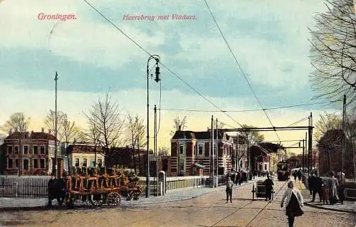 Niederlande 1926 Groningen Heerbrug met Viaduct Tram Cart Vintage Postkarte