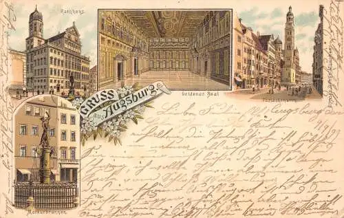 A895 Deutschland 1899 Gruss aus Augsburger Rathausturm Goldener Saal Litho Postkarte