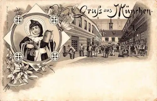 A895 England Gruss aus Muencen München Edelweiß Mönch Bierkrug Vintage Postkarte