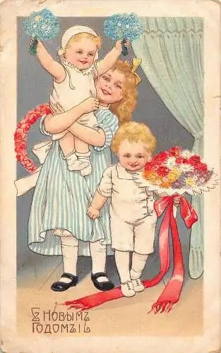 A896 Weihnachtsgrüße 1923 Russische Kinder Blumenstrauß Prägepostkarte