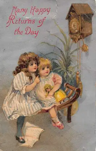 A896 Viele glückliche Rückkehr des Tages 1908 Mädchen Puppenbuch Kuckucksuhr Postkarte