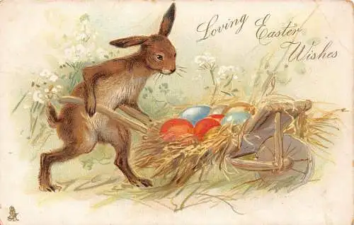 A896 Ostergrüße anthropomorphe Hase Eierwagen geprägte Postkarte