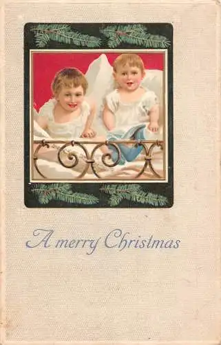 A896 Weihnachtsgrüße 1910 Bruder und Schwester im Bett Kiefer geprägt Postkarte