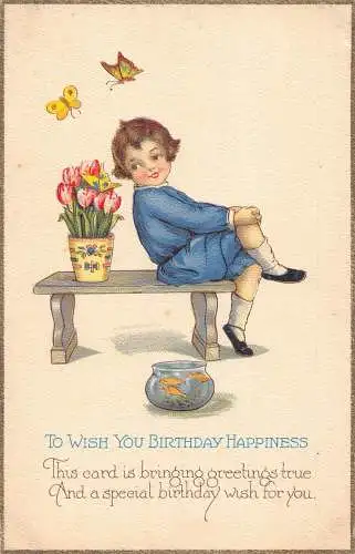 A896 Geburtstagsgrüße Goldener Fisch Junge Schmetterling Tulpen Blumen Postkarte