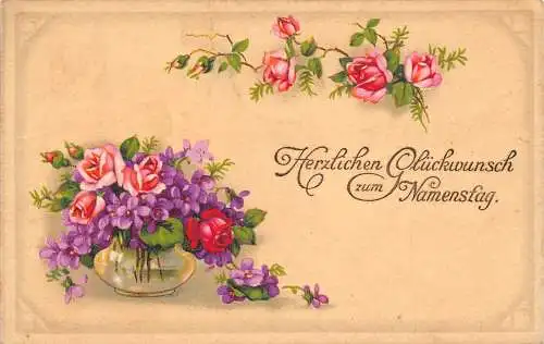 A059 Namenstag Grüße Rosen Zweig Rosen und Lilien in Vase Vintage Postkarte