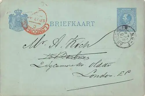A058 Niederlande 1886 nach London 5 Cent Ganzsache