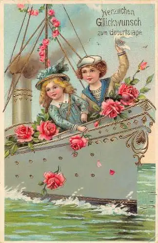 L404 Geburtstagsgrüße 1909 Kinder Schiff Blumen Rosen Vintage Postkarte