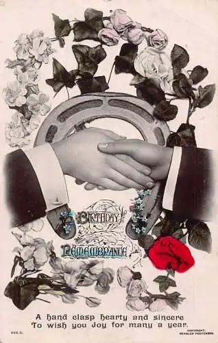 A057 Geburtstagsgrüße 1912 Hufeisen Blumen Rosen Händeschütteln Postkarte