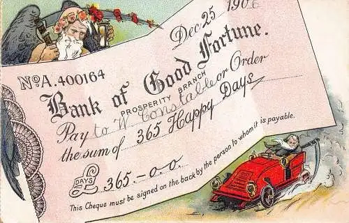 A057 Comic 1906 Bank of Good Fortune Scheck Auto Neujahr vs Altjahr Postkarte