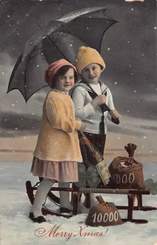 A055 Weihnachten Kinder Regenschirm Schlitten Kleeblatt Geldsäcke Sekt Postkarte