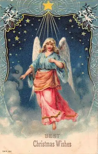 A055 Weihnachtsgrüße Engel in Wolken Sterne Tannenzapfen Prägepostkarte