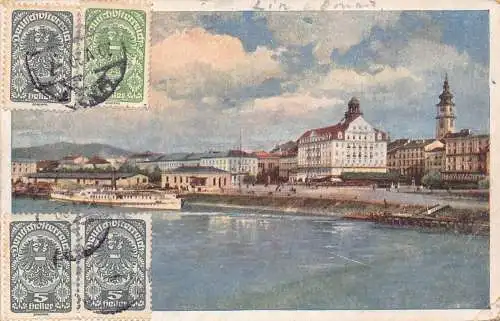 L146 Österreich 1920 Linz am Donau Landungsplatz Hotel Erzherzog Karl Postkarte