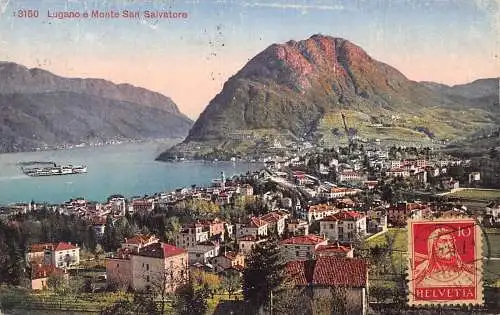 L144 Schweiz 1920 Lugano e Monte San Salvatore Dampfschiff Vintage Postkarte