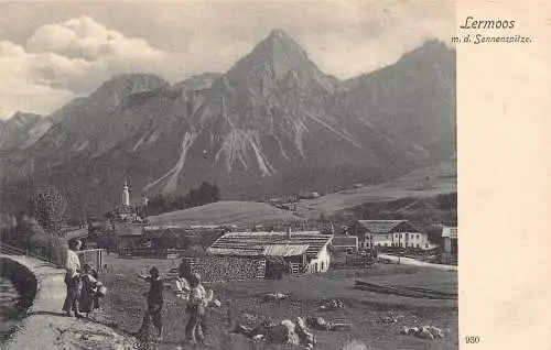 A073 Österreich Lermoos Sonnenspitze Berggipfel Kinder Bauernhof Vintage Postkarte