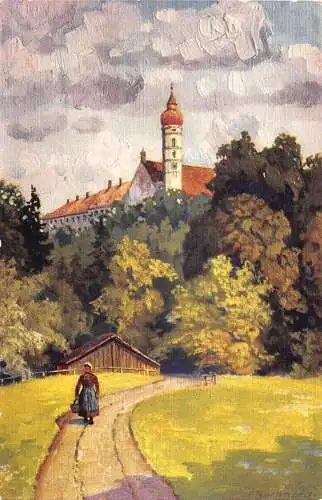 A070 Deutschland Andechs Kloster Gemälde signiert F Berghard Postkarte