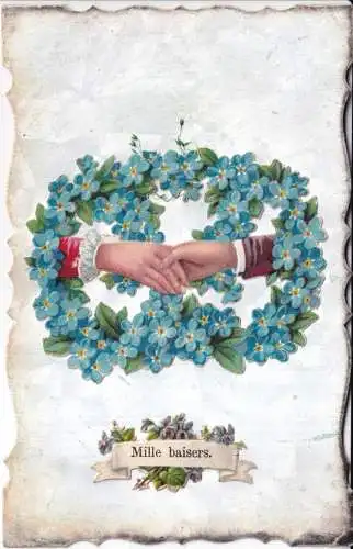 A067 Neuheit Ausschnitt Vergissmeinnicht Blumen Handschütteln Mille-Baisers Postkarte
