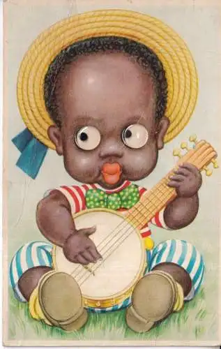 A067 Neuheit mechanische Googly Eyes Saite Gitarre afrikanischer Junge Hut Postkarte