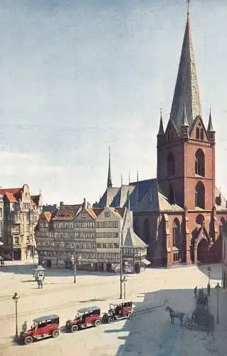 A068 Deutschland Kieler Markt Perserhäuser Nicolai Kirche Autos Oldtimer Postkarte