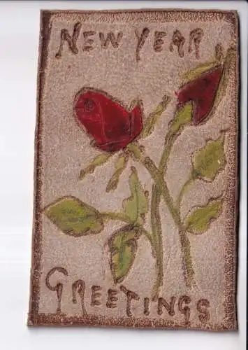 A067 Neuheit Neujahrsgrüße Paar Postkarte Rosenblumen Samt aus Leder