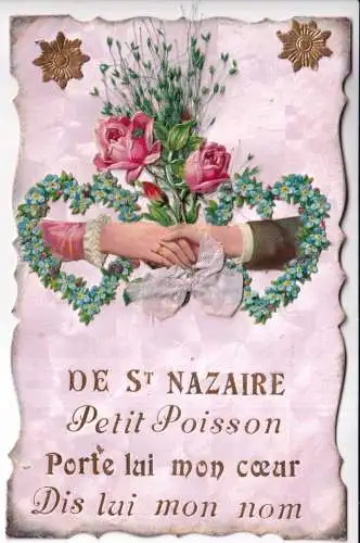 A067 Neuheit Ausschnitt Vergissmeinnicht Herzen Hand hält Rosen Band Postkarte