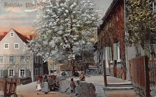 A064 Pfingsten 1912 Bauern Wanderdorf Blühender Baum Vintage Postkarte