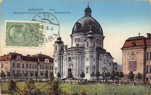 A065 Österreich 1915 Berndorf Margarethen Kirche Buergerschulen Vintage Postkarte