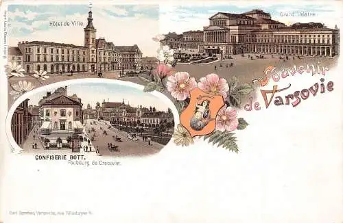 Polen Warschau Souvenir de Varsovie Wappen Confiserie Bott Litho Postkarte