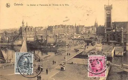 Belgien 1927 Ostende Dampfschiff Hafen Panorama Entree de la Ville Postkarte