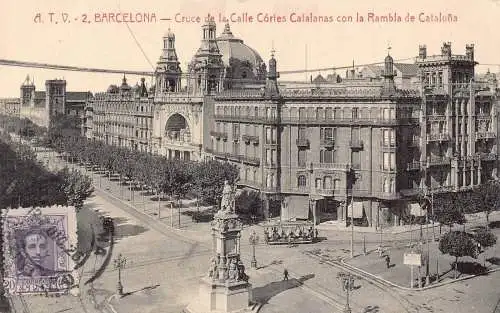 Spanien 1916 Cruce de Calle Cortes Catalanas con Rambla Cataluna Straßenbahn Postkarte