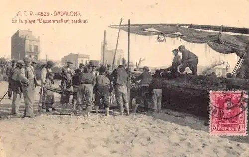 Spanien 1926 Badalona En la Playa Dessenmallant Sardina Fischer Postkarte
