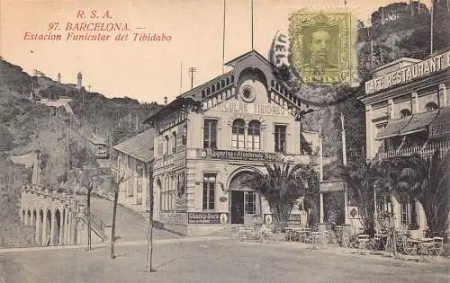 Spanien 1926 Barcelona Estacion Standseilbahn del Tibiadabo Cafe Restaurant Postkarte