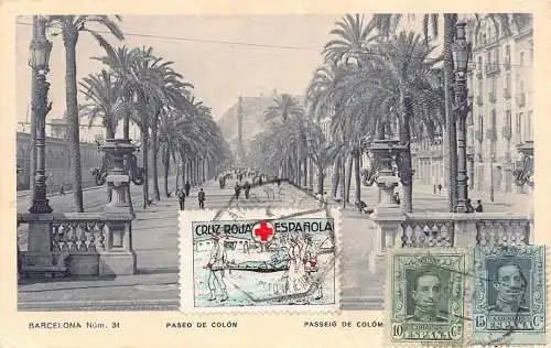 Spanien 1926 Barcelona Paseo de Colon Rotes Kreuz Briefmarke Vintage Postkarte
