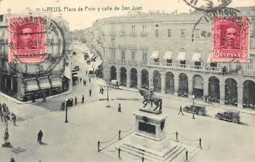 Spanien 1926 Reus Plaza de Prim y Calle de San Juan Cars Cafe de Paris Postkarte