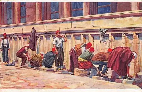 Türkei Männer in traditioneller Kleidung beten in der Nähe von Wandkunst Vintage Postkarte