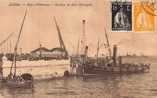 Portugal Lissabon Caes d'Embarque Terreiro do Paco Dampfschiff Einschiffung Postkarte