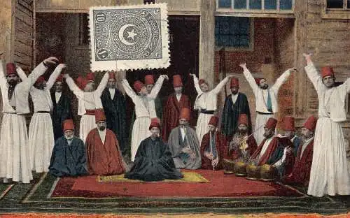 Türkei Gruppe Mevlevi Derwische Männer traditionelle Kostüme ethnische Postkarte