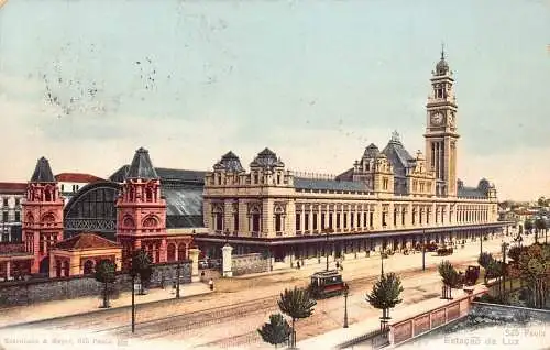 Brasilien 1906 Sao Paulo Estacao da Luz Bahnhof Straßenbahn Vintage Postkarte